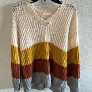 Boutique Gold and Rust Striped V Neck Sweater